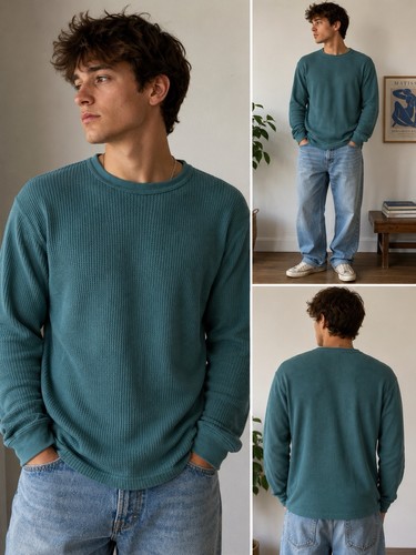 Munsingwear Vintage 100% Cotton Classics USA Waffle Knit Thermal Shirt XL Teal
