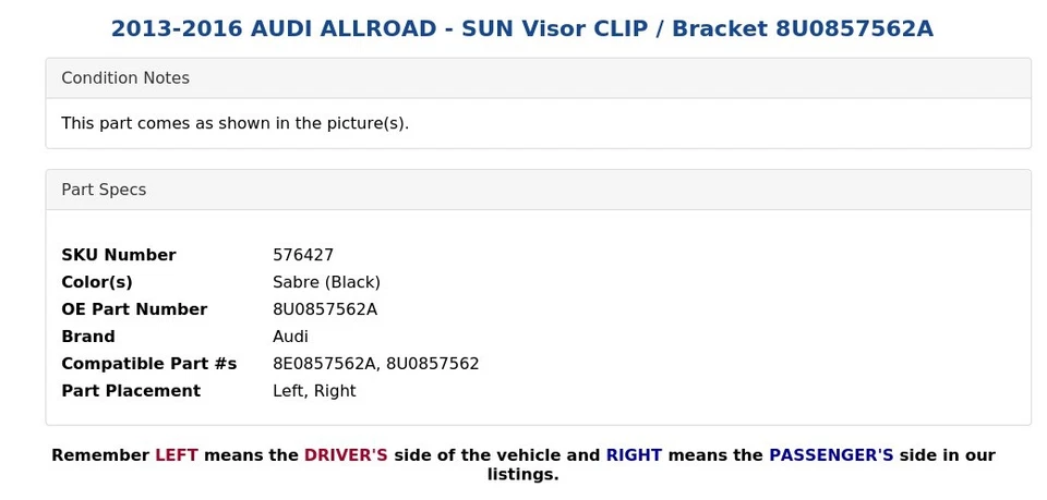 AUDI ALLROAD 2013-2016 - Parasol Clip / Soporte 8U0857562A Foto 4 de 4