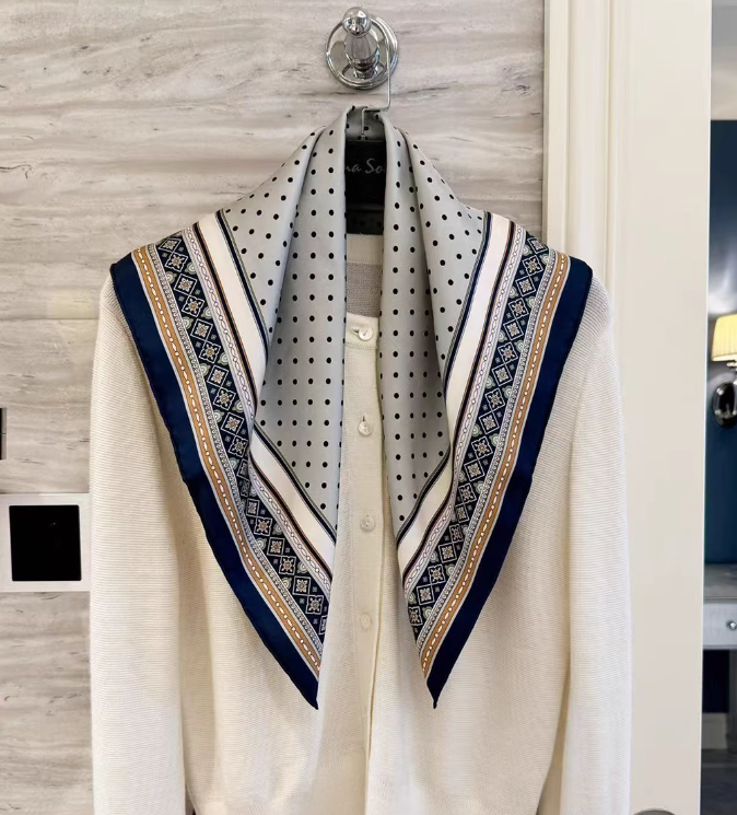 Pure 16 Momme Black Spot Print Silk Bandanna Scarf Wrap 66x66cm