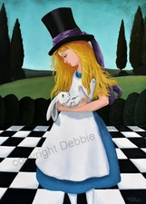 PRINT Of Painting Aceo Alice Wonderland White Rabbit Sleep Signed Orig. Folk Art