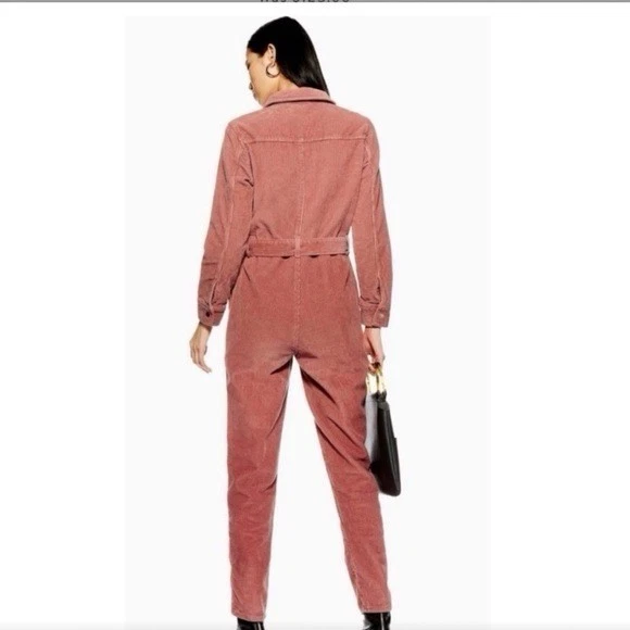 Topshop Women’s Size 6 Pink  Barbiecore Corduroy Long Sleeve  Belted Jumpsuit - Image 2 of 4