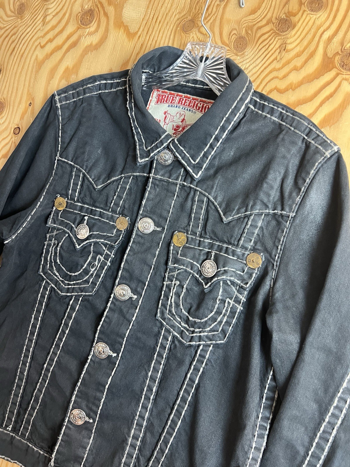 True Religion Jean Jacket Black White Mens L  Jimmy Super T Denim Chief Keef thumbnail 2