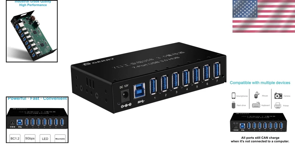 7-Port Powered USB 3.0 Hub with Metal Case - High-Speed Data & Mountable Design - Image 2 of 4