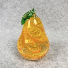 Rollin Bodley Hand Blown Glass Pear Paperweight Marble Swirl Signed & Dated 1983