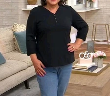 Denim & Co Size M Black Perfect Jersey Henley Knit Top A677662 NWOT