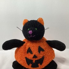 Russ Black Cat In Halloween Pumpkin Plush 7 Green Soft Eyes Bean Bottom Vintage