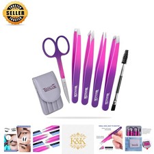 6-Piece Precision Eyebrow Set with Curved Scissors - Pink Purple Elegance