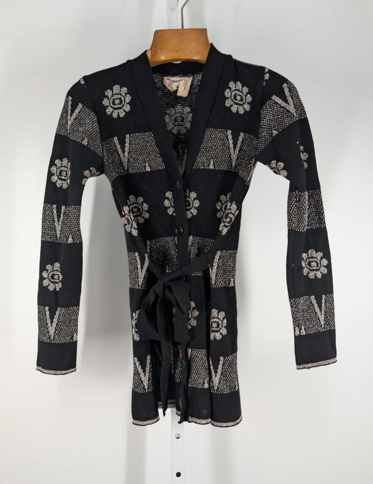 Cárdigan Vintage Años 60 70 Francia Plymouth Disco Mod Boho Plata Intarsia Flor Foto 4 de 4