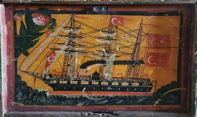 Ottoman Naval Scene on Antique Eastern Mediterranean Dowry Chest Lid