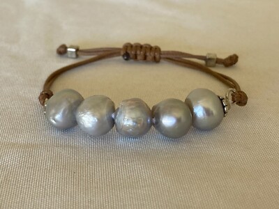 The Freshwater Pearl Company ''Aegean'' Silver Pearl Dark Brown Stringer Bracelet