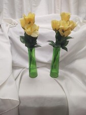9" Green Glass Bud Vase With Yellow Roses / Lot of 2