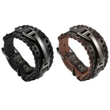 Mens Black Brown Wide Leather Band Bracelet Metal Wristband Bangle Watch Buckle