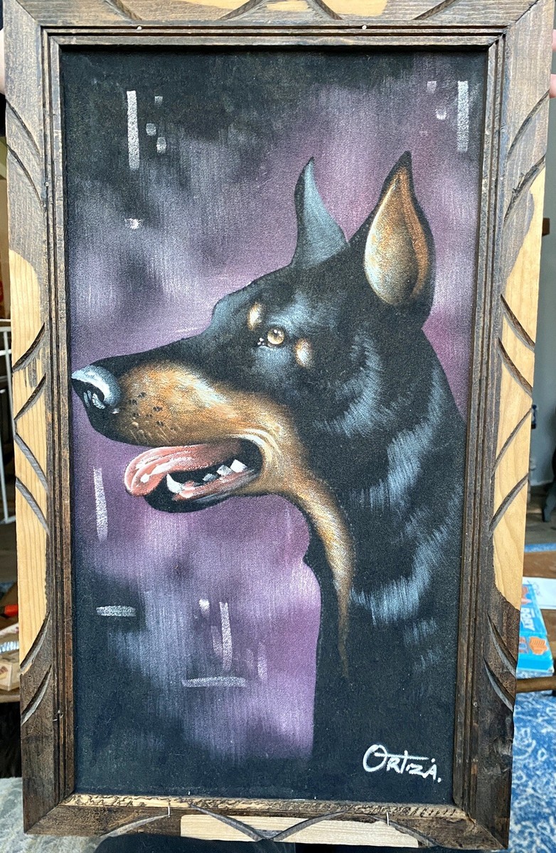 VTG Doberman Pinscher Dog 14x23 Black Velvet Portrait Painting