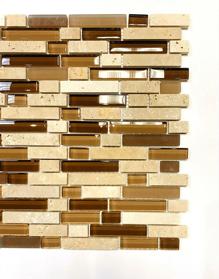 Vidrio de caramelo lineal aleatorio con mezcla de travertino marfil 11-3/4 pulgadas x 12-1/2 pulgadas x8mm Foto 3 de 4