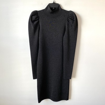 Alice + Olivia Issa Metallic Puff Sleeve Sweater Dress Black M
