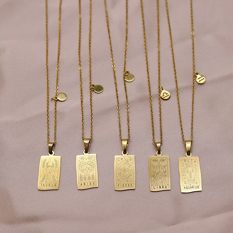 Collar Zodiaco Chapado en Oro 18K Acero Inoxidable Cuadrado Rectángulo Horóscopo Regalo Foto 3 de 4