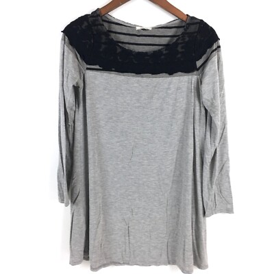 12 PM by Mon Ami Top Womens Mendium Gray Long Sleeve Tunic Lace Detail Rayon
