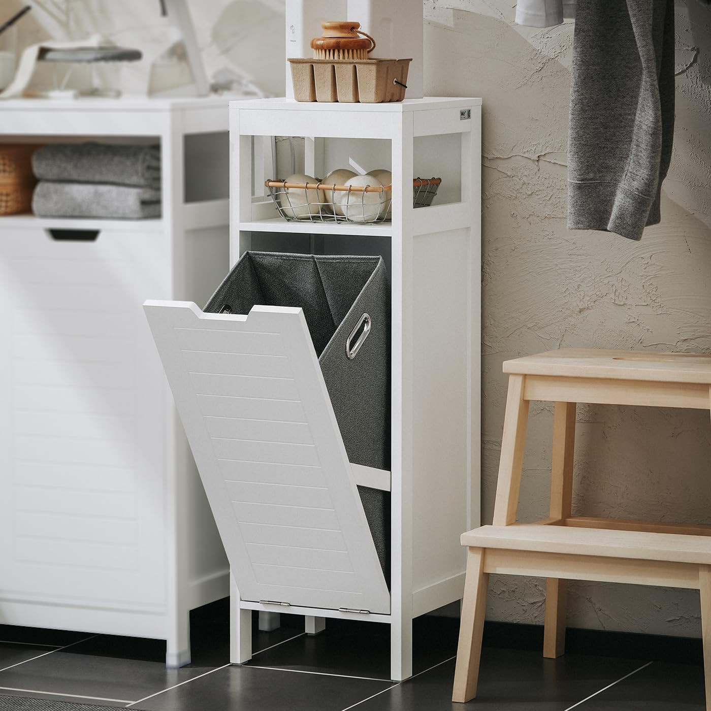 Cabinet With Hidden Basket & Shelf, White