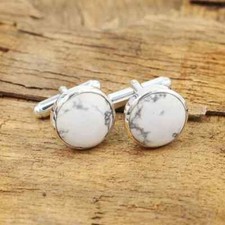 925 Sterling Silver Howlite Stone Tuxedo Studs Cufflinks