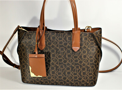 CALVIN KLEIN JACKY BROWN CK SIGNATURE MONOGRAM TOTE HANDBAG #814