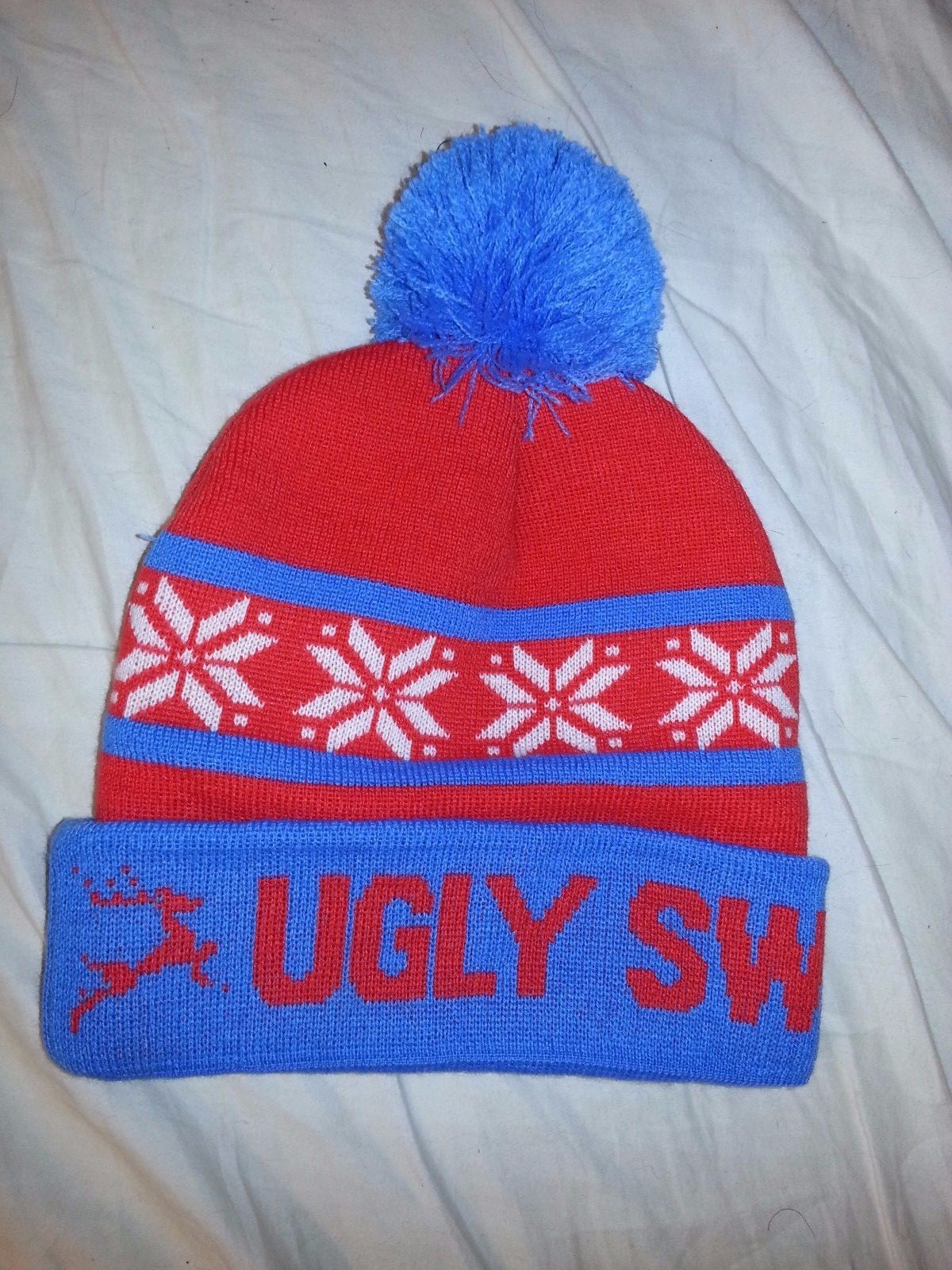 Red & Blue Nordic Christmas Ugly Sweater Beanie Hat Toboggan Run Acrylic Knit-image