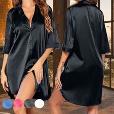 Women's Sexy Satin Sleep Shirt Lingerie Nightgown Sleepwear Silk Bathrobe Pajama