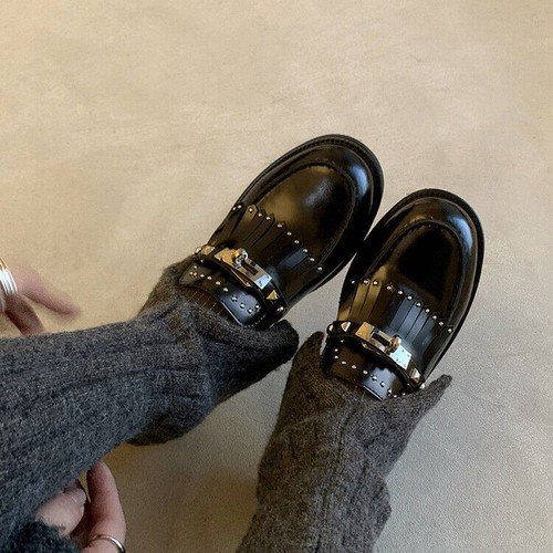 Moda Mujer Cuero Punta Redonda Borla Tachuelas Zapatos Hebilla Correa Mocasines Fiesta - Imagen 5 de 14