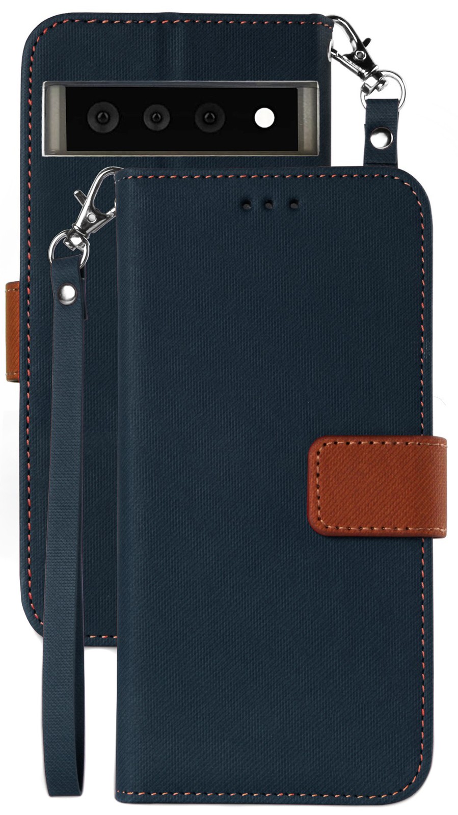 Navy/Brown Wallet Case Credit Card ID Slot Lanyard Strap for Google Pixel 6 Pro