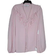 NWD Kasper Women's Long Sleeve Ruffle Tie Neck Pale Pink Blouse XL B73