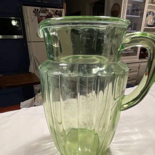 VTG Anchor Hocking Pillar Optic Green Uranium Glass Pitcher