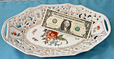 Antique Bavaria Germany Reticulated Floral Oval Relish/Bread/Nut Hand Paint Dish