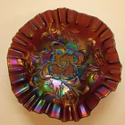 Vintage carnival Glass Dugan? Electric Purple BELLS & BEADS Dish Ruffled 7 Inch