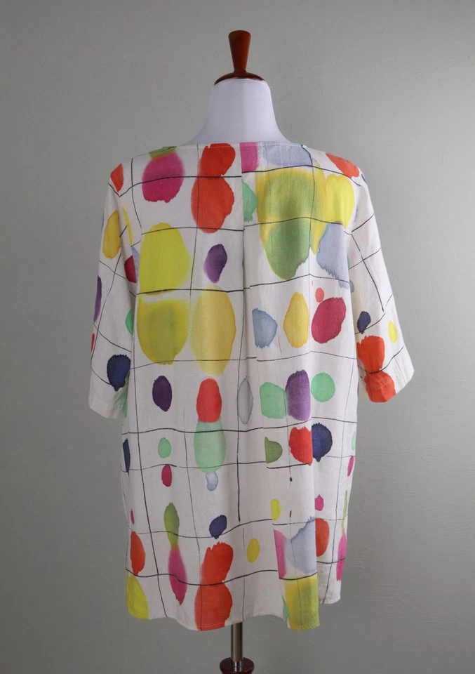 Top túnica CAROLINE ROSE $140 arte a cuadros punto multicolor 100 % lino talla 1X Foto 4 de 4