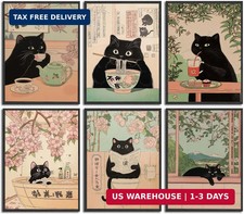 Set of 6 Funny Black Cat Wall Art Japanese Poster Print Whimsical Animal Paintin