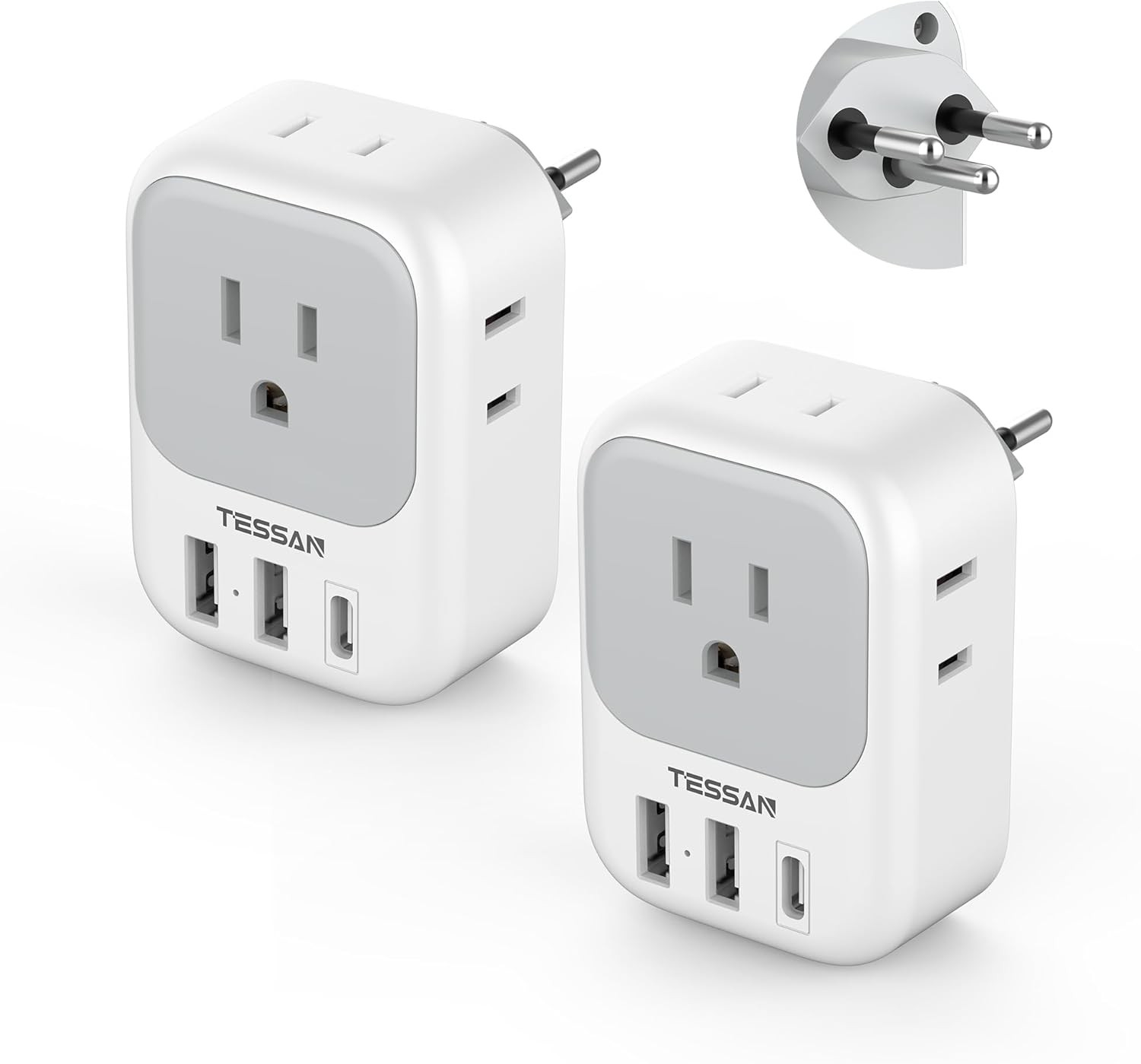 2 Pack, Tessan Type J Adaptor With 4 Outlets 3 Usb