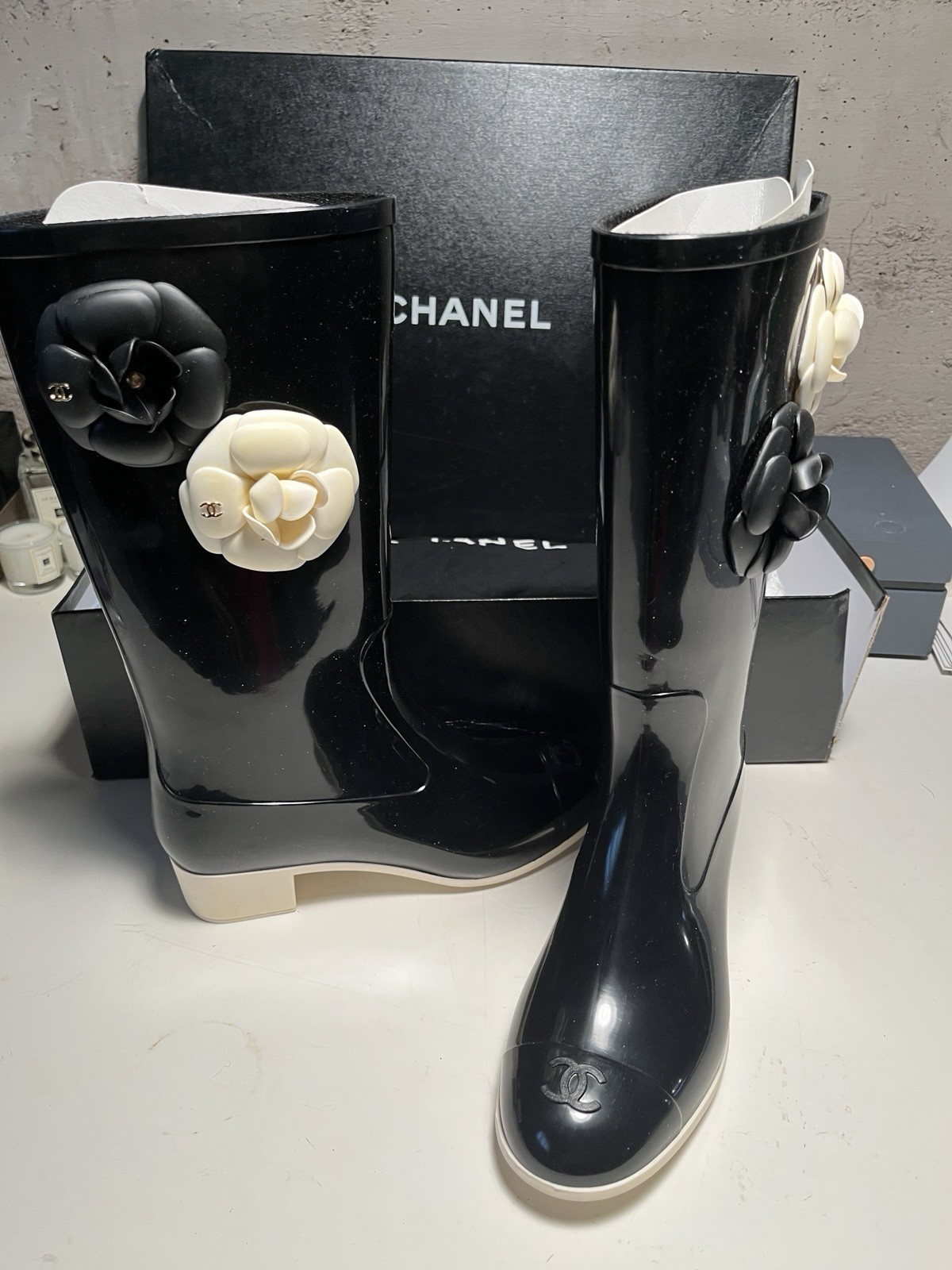 Chanel Camellia Black Rain boots Size 36 With Dust Bags And Box