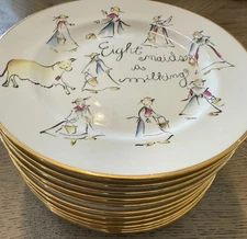 Rosanna 12 Days of Christmas 8 Inch Dessert or Salad Plates Gold Rim Set of 12