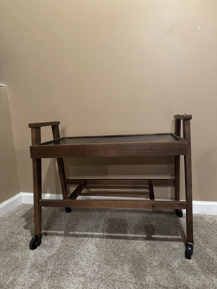 VTG Mid Century Danish Modern Atomic 2-Tier Walnut Wood Bar Media Cart On Wheels - Image 2 of 4