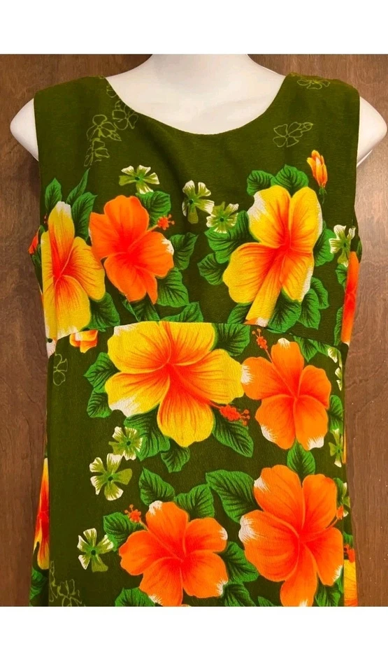 Vestido maxi vintage Pomare verde havaiano laranja floral sem mangas pregas traseiras 12 - Imagem 3 de 4