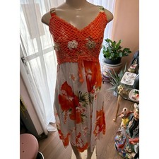 Orange Crochet Hibiscus Floral Midi Dress Boho Tropical Sun Dress Smocked Back
