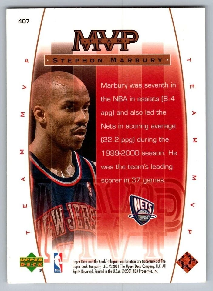 2000 Upper Deck #407 Stephon Marbury Game Jersey Edition Nets MVP - Image 2 of 2