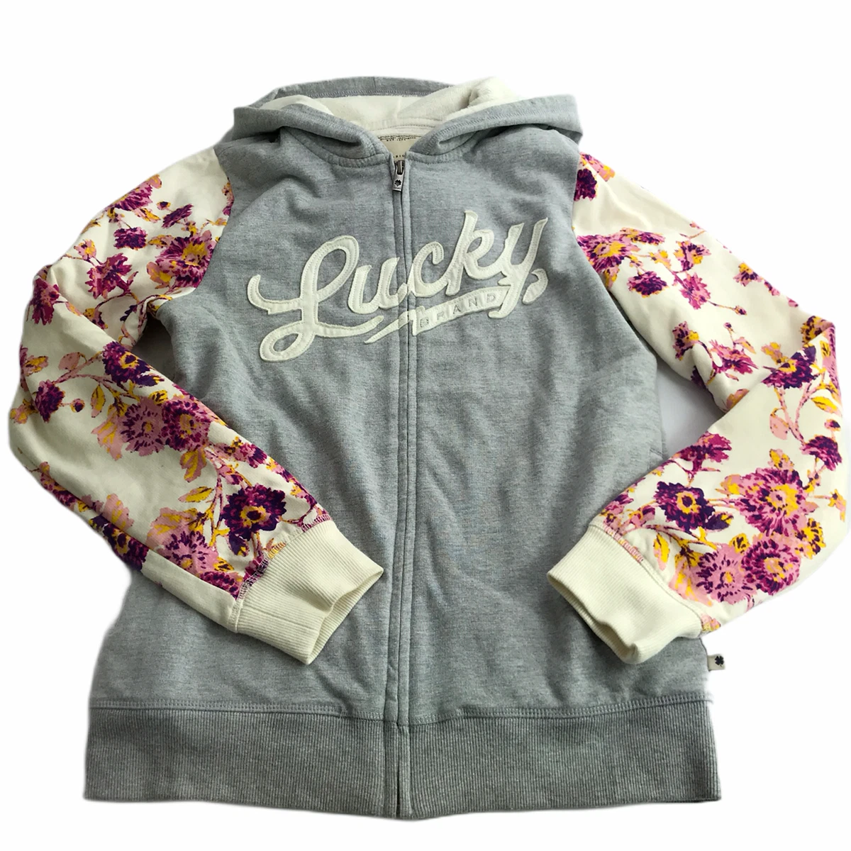 Lucky Brand Full Zip Hooded Jacket Hoodie. Gray White with Pink Floral Sleeve