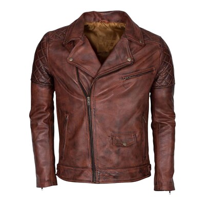 Men's Brando Classic Waxed Premium Sheepskin Brown Genuine Leather Biker Jackets