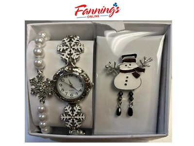 Mixit Christmas Watch Gift Set 2 Bracelets Snowman Brooch Pin w/ DEFECT 