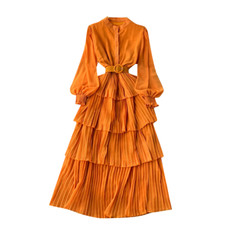 Lady Pleated Chiffon Dress Layered Tiered Ruffled Solid Belted Puff Sleeve Chic