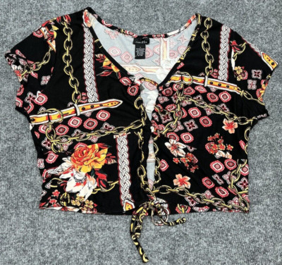 Rue21 Crop Top Womens L Multicolor Floral Front Drawstring V Neck Stretch New