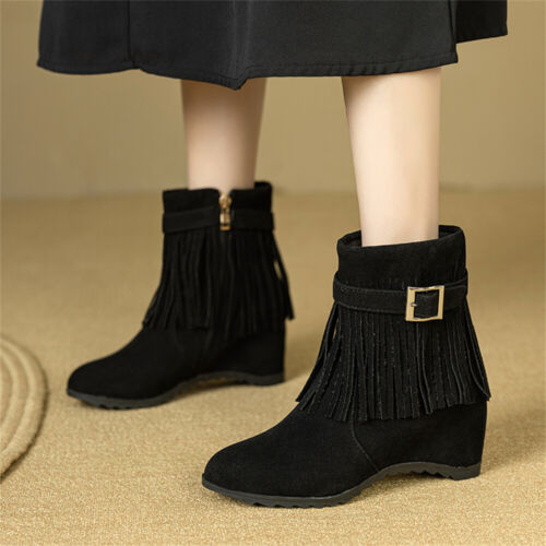 Western Womens Tassel Hidden Wedge Heel Buckle Strap Side Zip Ankle Boots New - Picture 9 of 15