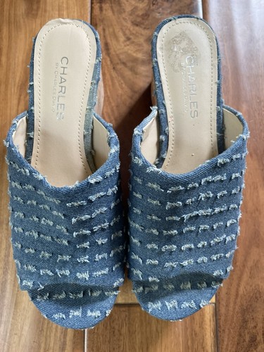 Charles David Women Platform Boho Blue Denim Cork Peep Toe Slip-On Wedge Shoe 6 - Picture 2 of 9