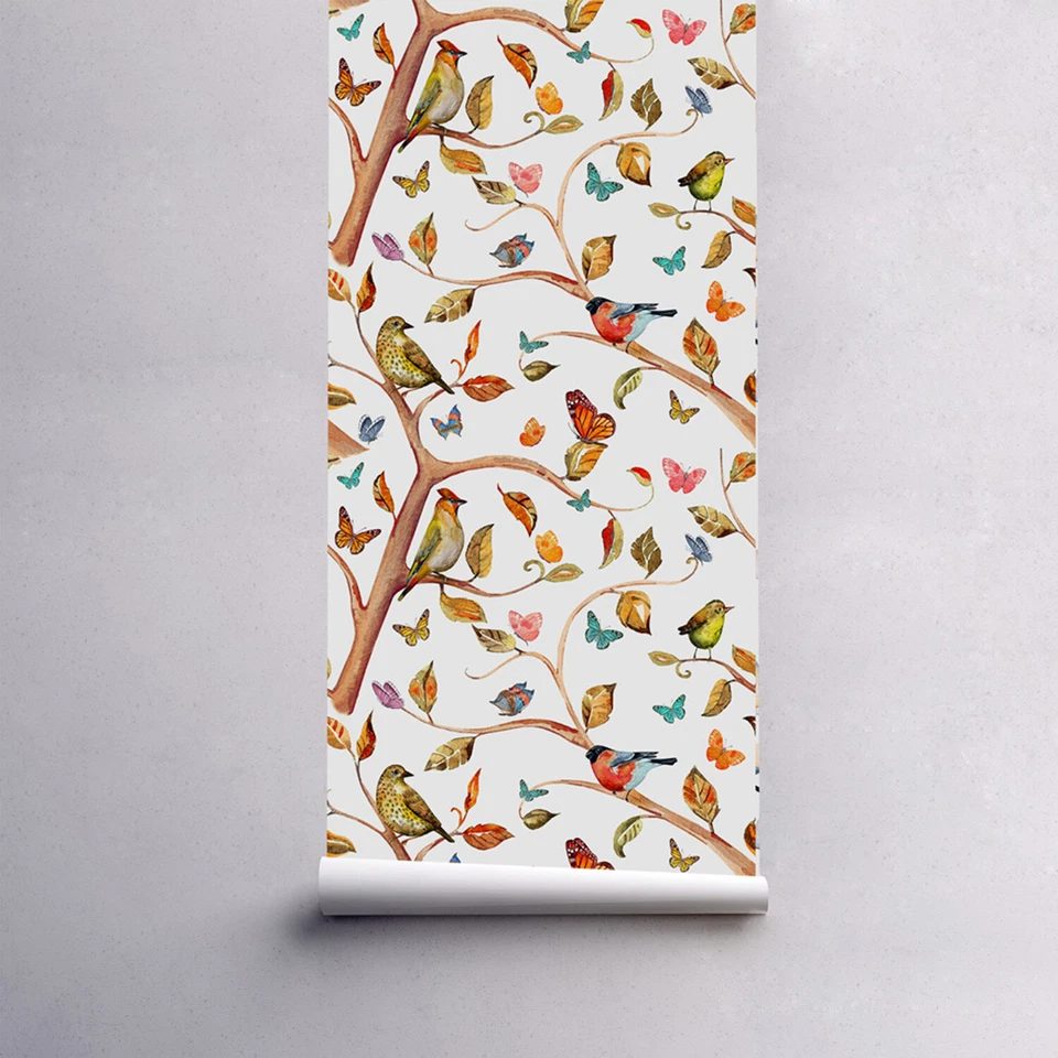 Papel pintado no tejido hogar cuento de hadas pájaros ramas hojas coloridas guardería bebé Foto 2 de 4