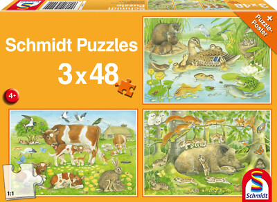 TIERFAMILIEN * ANIMAL FAMILY - Schmidt Kinder-Puzzle 56222 - 3 x 48 Teile Pcs.